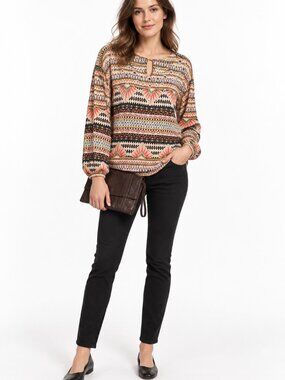 GUESS Boho Mirror Embellished Aztec Print Blouse & Leather Clutch Bundle Size L